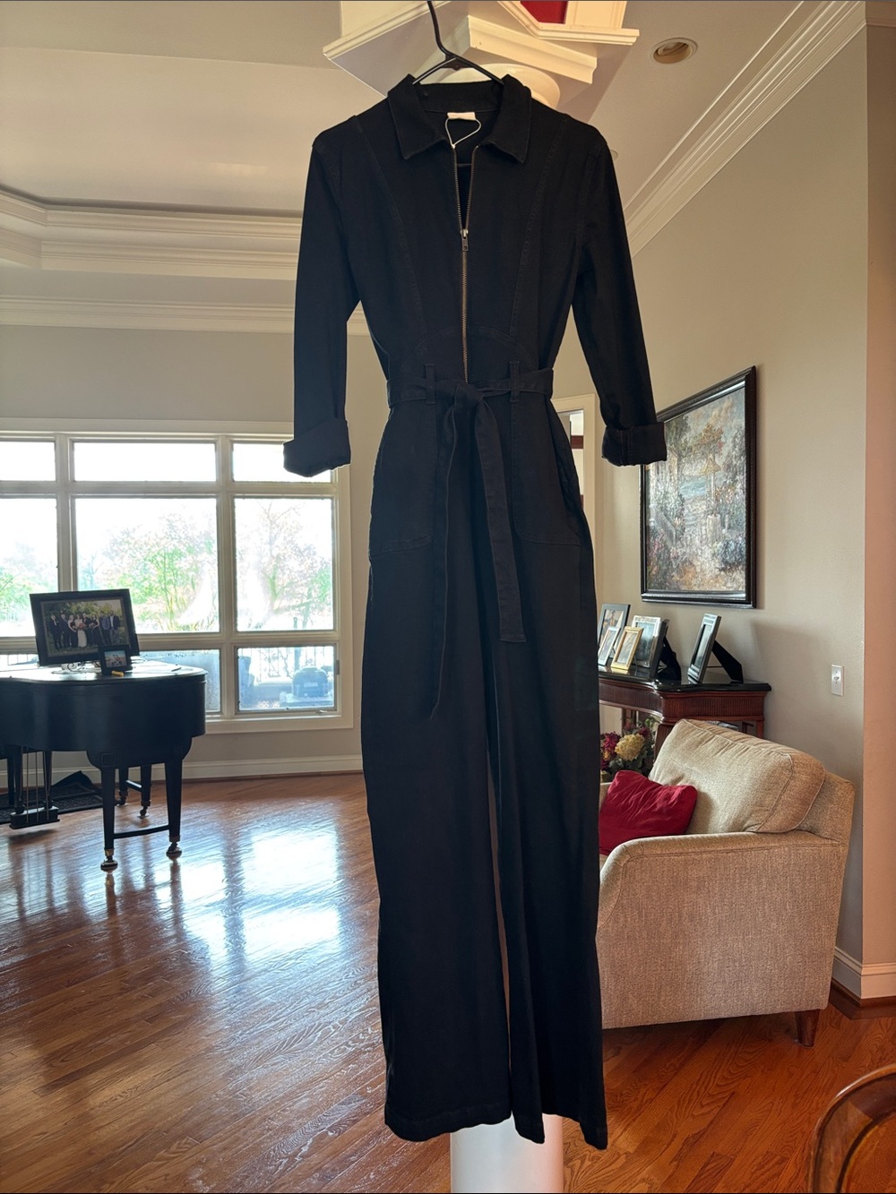 Black Long Zip-Front Belted Jumpsuit